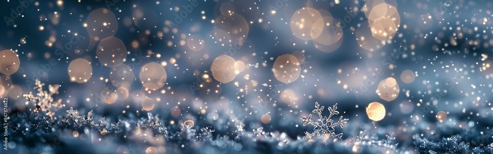 closeup of snow covered surface with delicate snowflakes against white blur bokeh background closeup of snow covered surface with delicate snowflakes against white blur bokeh background