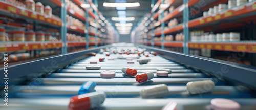 Wallpaper Mural Perspective view of various pills and capsules moving on a conveyor belt inside a modern pharmaceutical factory, emphasizing mass production and healthcare. Torontodigital.ca
