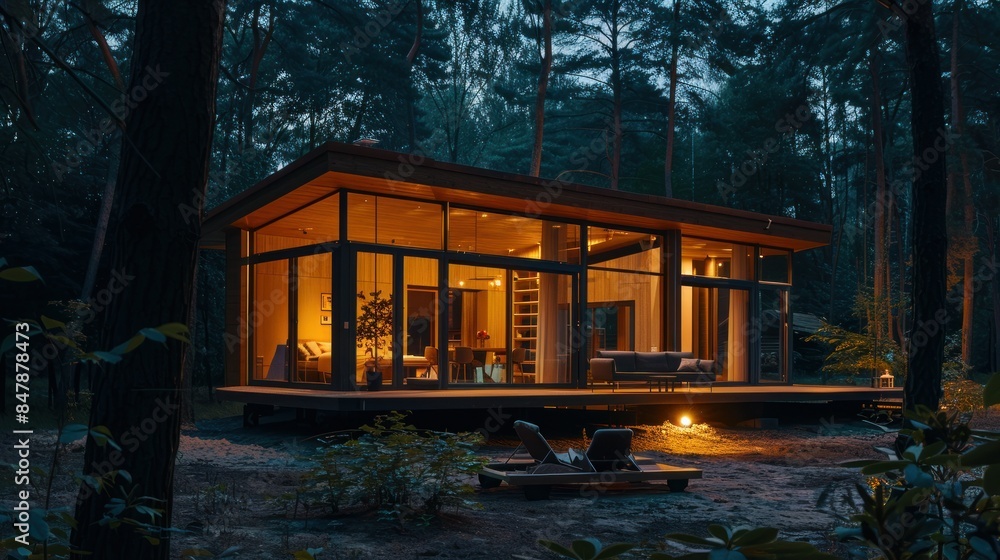 Modern luxury villa exterior in minimal style for luxury glamping. Glass cottage in the woods at night. Modern cabin house in deep forest Modern luxury villa exterior in minimal style for luxury glamping. Glass cottage in the woods at night. Modern cabin house in deep forest