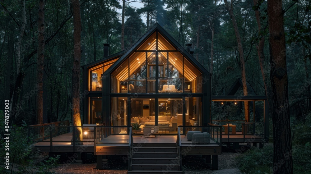 Modern luxury villa exterior in minimal style for luxury glamping. Glass cottage in the woods at night. Modern cabin house in deep forest Modern luxury villa exterior in minimal style for luxury glamping. Glass cottage in the woods at night. Modern cabin house in deep forest