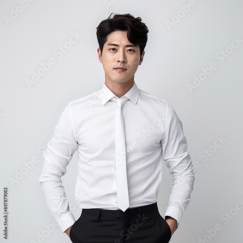 fashion portrait happy Male, Korean 30 Years old, look forward, in modern fashion outfit