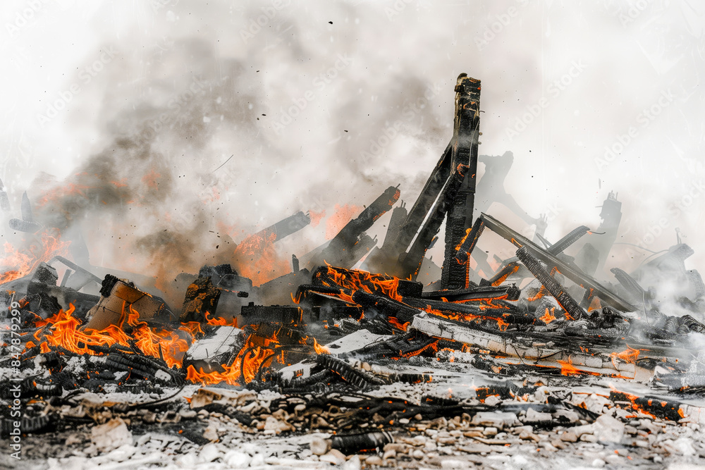 Exploding Villiage Bombed-out village, with collapsed homes, burning debris, and survivors ...