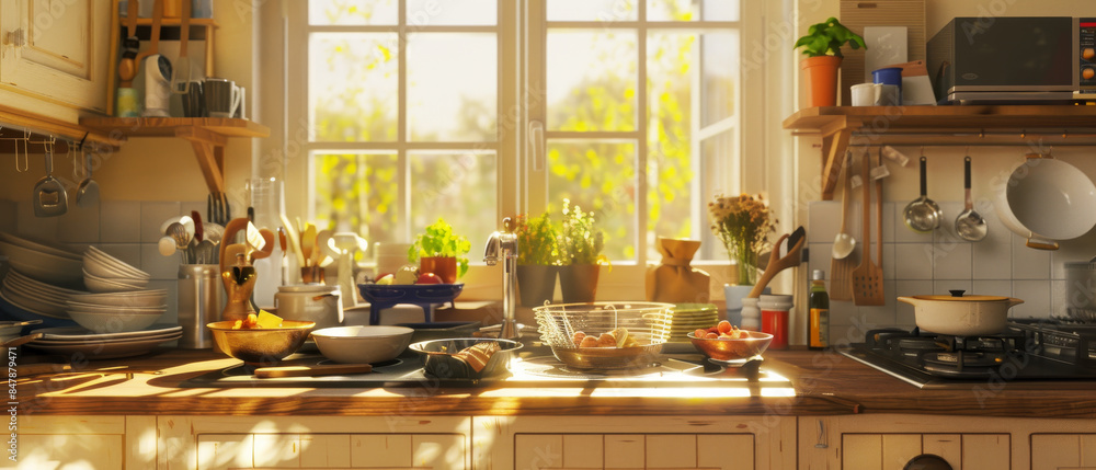 A bright and inviting kitchen is bathed in morning sunlight, featuring fresh ingredients and cooking tools, evoking a cozy, homey feeling.
