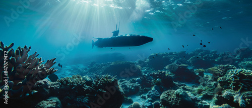 A submarine glides quietly through an underwater world, surrounded by vibrant coral reefs and teeming marine life, under sunlit waters. © Ai Studio
