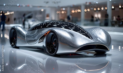 a futuristic concept car showcased at a luxury auto show or car exhibition. elegant lighting and composition to highlight the car's sleek design and innovative features