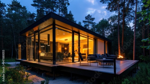 Modern luxury villa exterior in minimal style for luxury glamping. Glass cottage in the woods at night. Modern cabin house in deep forest © Nijat