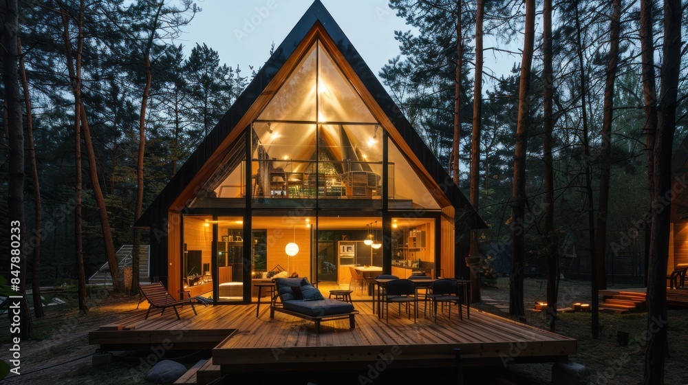 Modern luxury villa exterior in minimal style for luxury glamping. Glass cottage in the woods at night. Modern cabin house in deep forest Modern luxury villa exterior in minimal style for luxury glamping. Glass cottage in the woods at night. Modern cabin house in deep forest