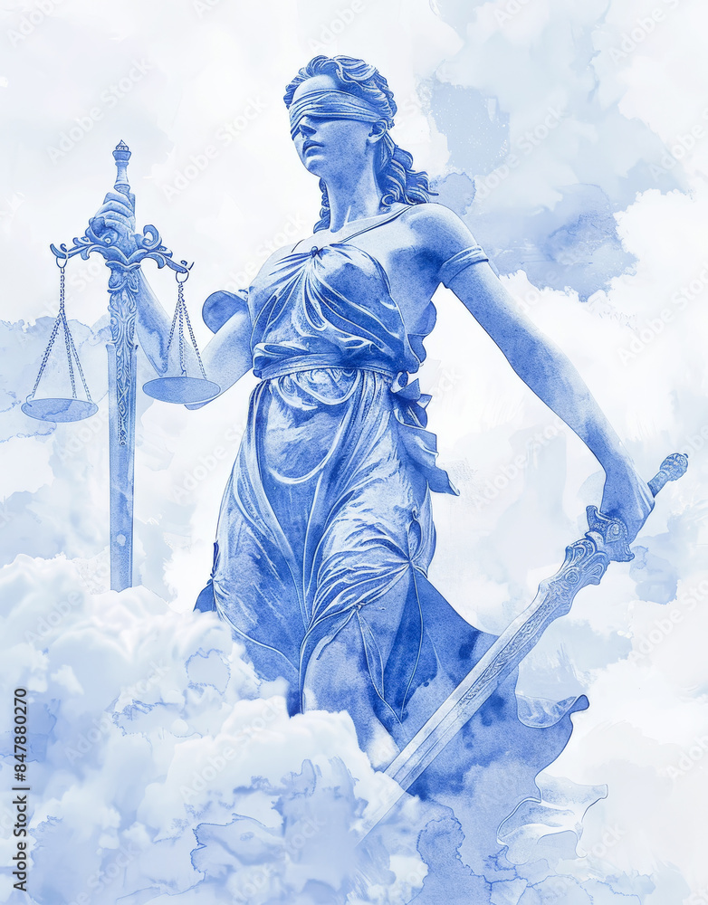hermosa acuarela azul y blanco de la diosa de la justicia con espada y ...
