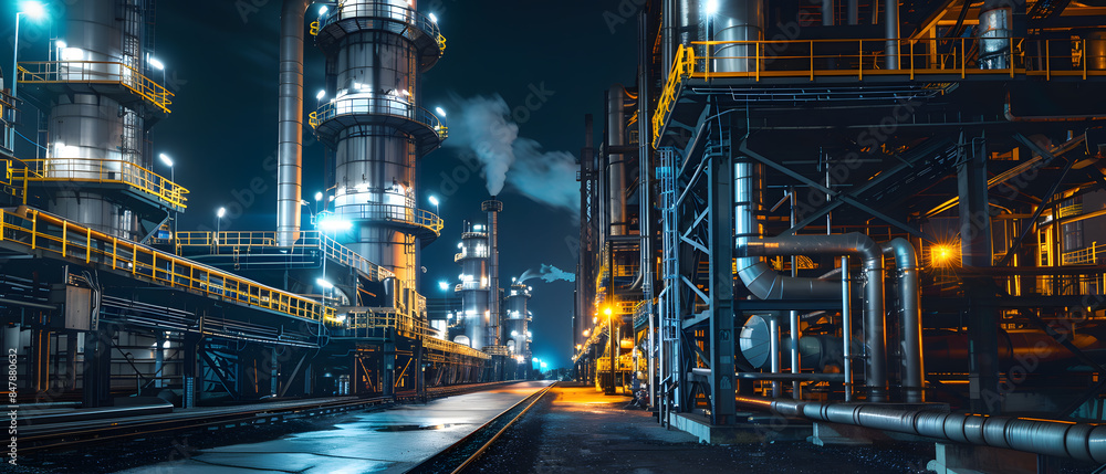 An oil refinery at night with bright lights and smoke billowing from the stacks. An oil refinery at night with bright lights and smoke billowing from the stacks.