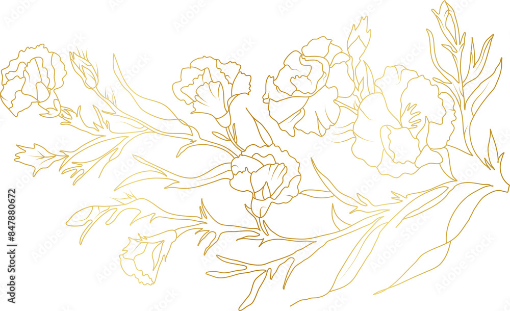 Fototapeta premium Peony flowers gold line art illustration