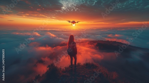A person standing on a mountain peak, watching a drone fly above a breathtaking sunset and cloudscape.