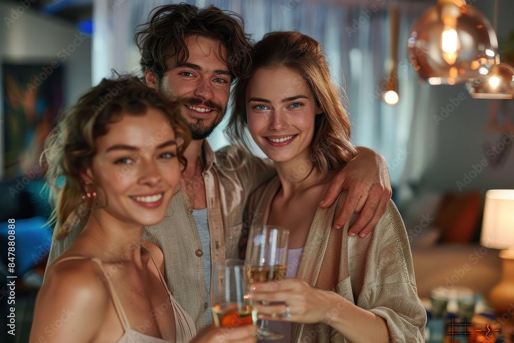 A group of three smiling friends share a toast with champagne in a cozy party atmosphere A group of three smiling friends share a toast with champagne in a cozy party atmosphere