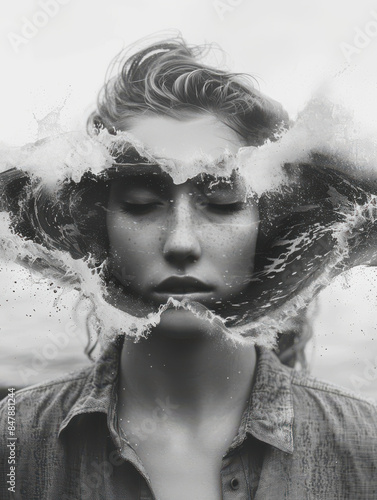 Wallpaper Mural Monochrome Portrait of Woman with Water Splash Illusion Torontodigital.ca