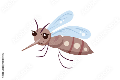 Cute Cartoon Mosquito Character. Vector Aedes Aegypti insect on white background. Concept for kids to prevent dengue and malaria diseases. Pest control design element.