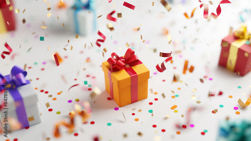 3D gift box icon with floating confetti and ribbons