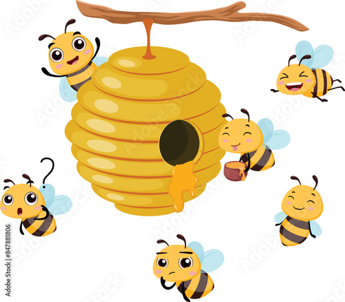 Cute bees cartoon carrying honey to the hive