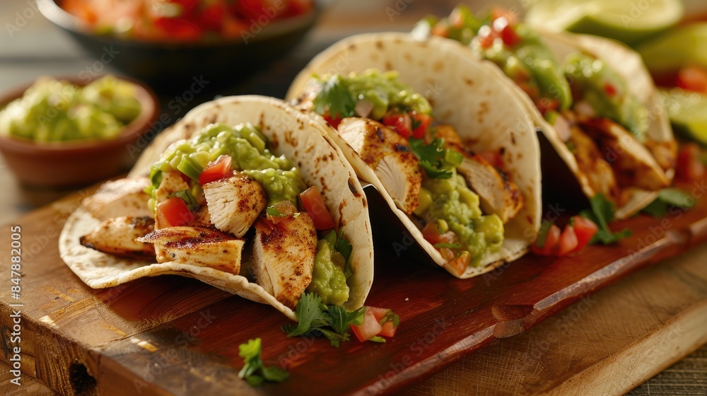 Delicious Mexican tacos with meat, beans and vegetables on a dark background. Close up Delicious Mexican tacos with meat, beans and vegetables on a dark background. Close up