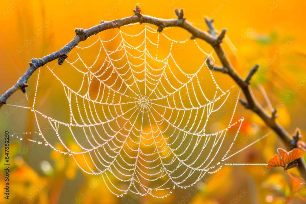 Dew-covered spider web suspended between branches, with intricate droplets sparkling like diamonds in the early morning light, capturing the beauty of nature's delicate intricacies Dew-covered spider web suspended between branches, with intricate droplets sparkling like diamonds in the early morning light, capturing the beauty of nature's delicate intricacies