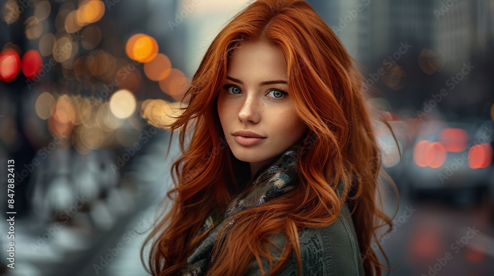 A beautiful young woman with long red hair and green eyes is standing in the middle of a busy city street. she is wearing a stylish winter coat A beautiful young woman with long red hair and green eyes is standing in the middle of a busy city street. she is wearing a stylish winter coat