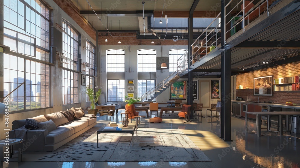 contemporary urban loft with industrial elements, large windows, and an open floor plan contemporary urban loft with industrial elements, large windows, and an open floor plan