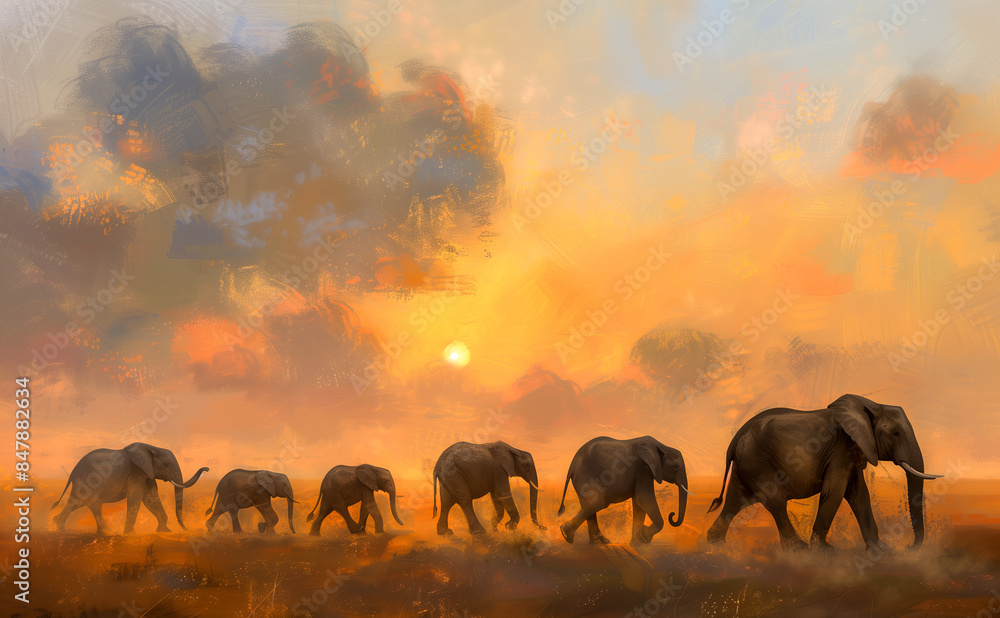 Fototapeta premium Family of elephants trekking across the vast Serengeti plains, with dust kicking up from their footsteps and the sun setting on the horizon