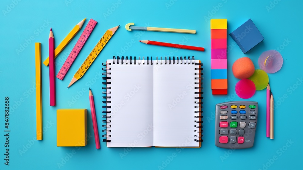 Open notebook amid colorful school supplies on desk
Open notebook amid colorful school supplies on desk