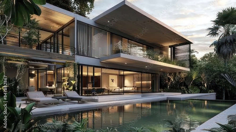Fototapeta premium contemporary villa with minimalist architecture, large pool, and lush landscaping
