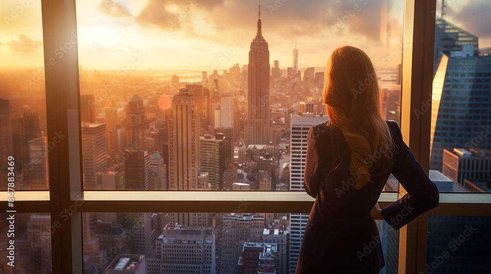 beautiful business executive woman looking out a window of a New York City beautiful business executive woman looking out a window of a New York City