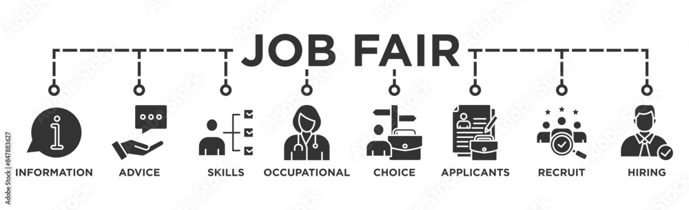 Job fair banner web icon vector illustration concept for employee recruitment and onboarding program with an icon of the information, advice, skills, occupational, applicants, recruit, and hiring Job fair banner web icon vector illustration concept for employee recruitment and onboarding program with an icon of the information, advice, skills, occupational, applicants, recruit, and hiring