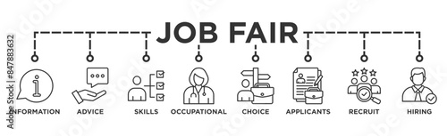 Job fair banner web icon vector illustration concept for employee recruitment and onboarding program with an icon of the information, advice, skills, occupational, applicants, recruit, and hiring