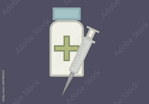 Bote de medicamento con una inyección en jeringa 