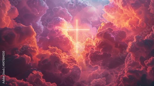 Majestic cross glowing in colorful sky amid vibrant clouds, symbolizing faith, spirituality, and the divine presence. photo