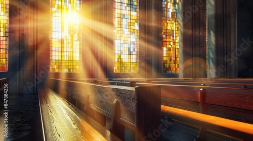 Sunlight streaming through stained glass windows in a beautiful, empty church, creating a warm and serene atmosphere in the wooden pews
