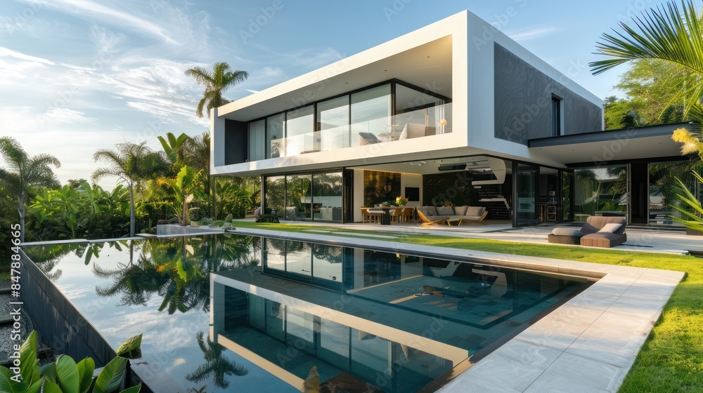 Fototapeta premium contemporary villa with minimalist architecture, large pool, and lush landscaping