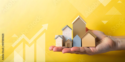 Abstract background and Property. A small paper house placed on hand with the concept of caring for and developing housing in slums for a good life. Apartment, Land, yellow, Investment