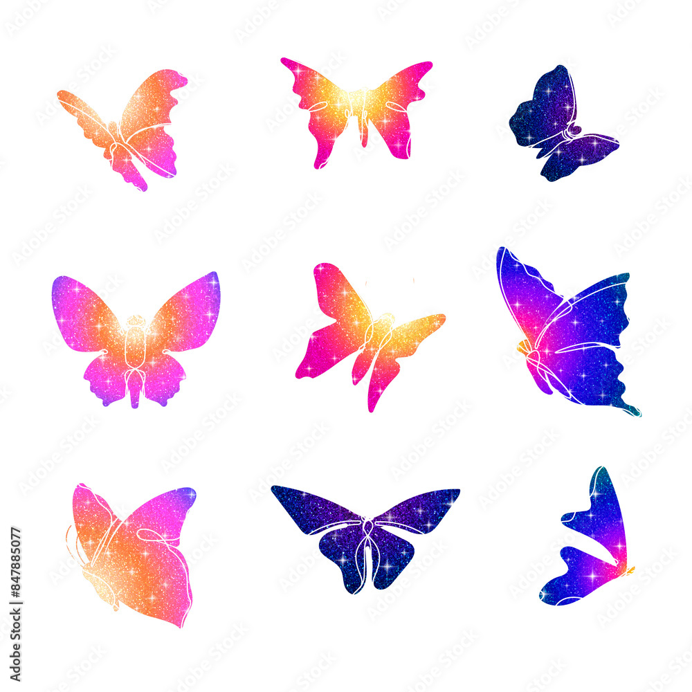 Obraz premium Glitter butterfly png sticker, colorful aesthetic clipart set