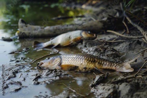 Dead Fish on a Polluted Riverbank in a Misty Environmental Crisis Scene