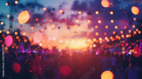 A lively outdoor evening event with colorful string lights, bokeh effects, and a stunning sunset in the background.