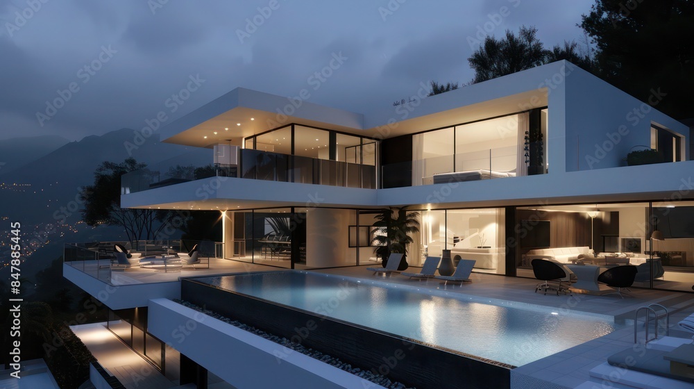 Fototapeta premium contemporary villa with sleek architecture, infinity pool, and panoramic views