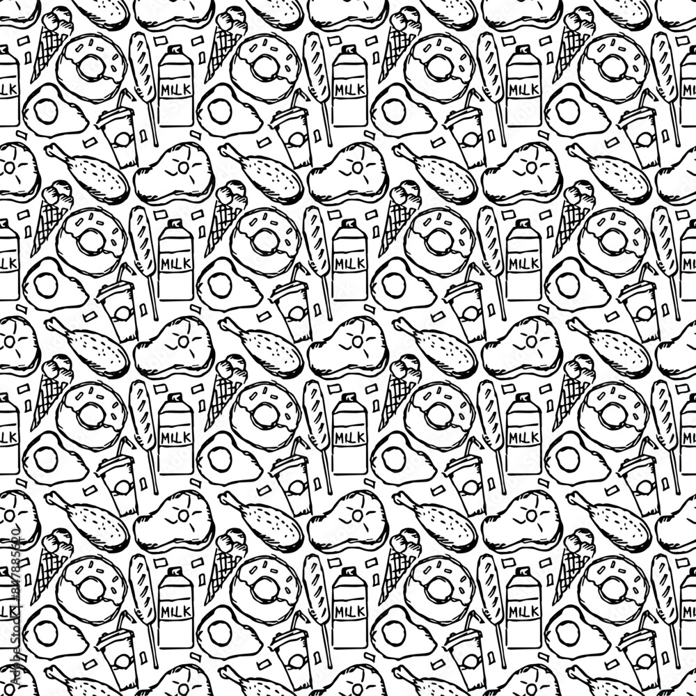 Seamless American food pattern. Doodle ilustration with american food icons. Fast food background Seamless American food pattern. Doodle ilustration with american food icons. Fast food background