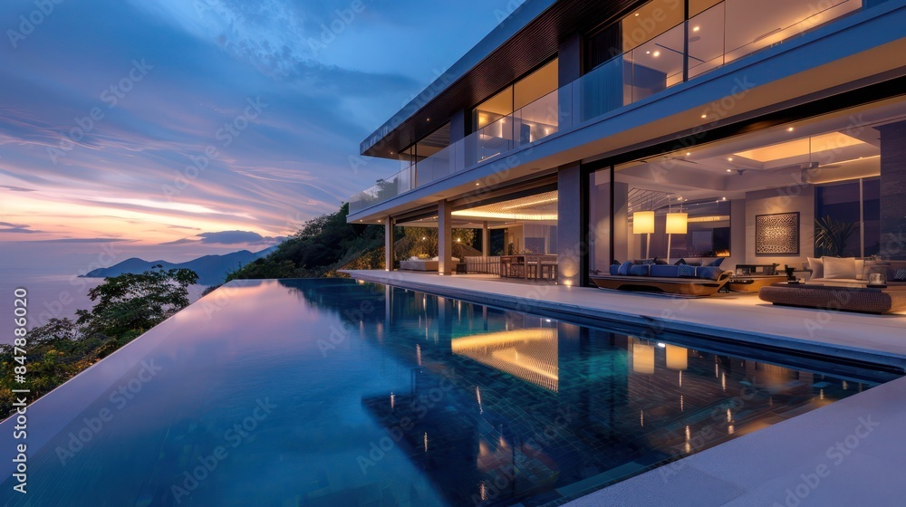 Obraz premium contemporary villa with sleek architecture, an infinity pool, and panoramic views