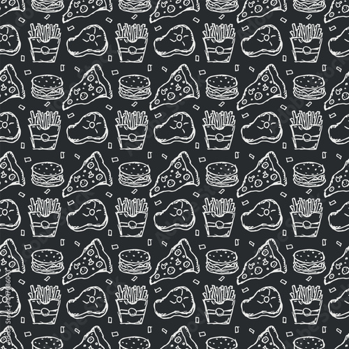 Seamless American food pattern. Doodle ilustration with american food icons. Fast food background