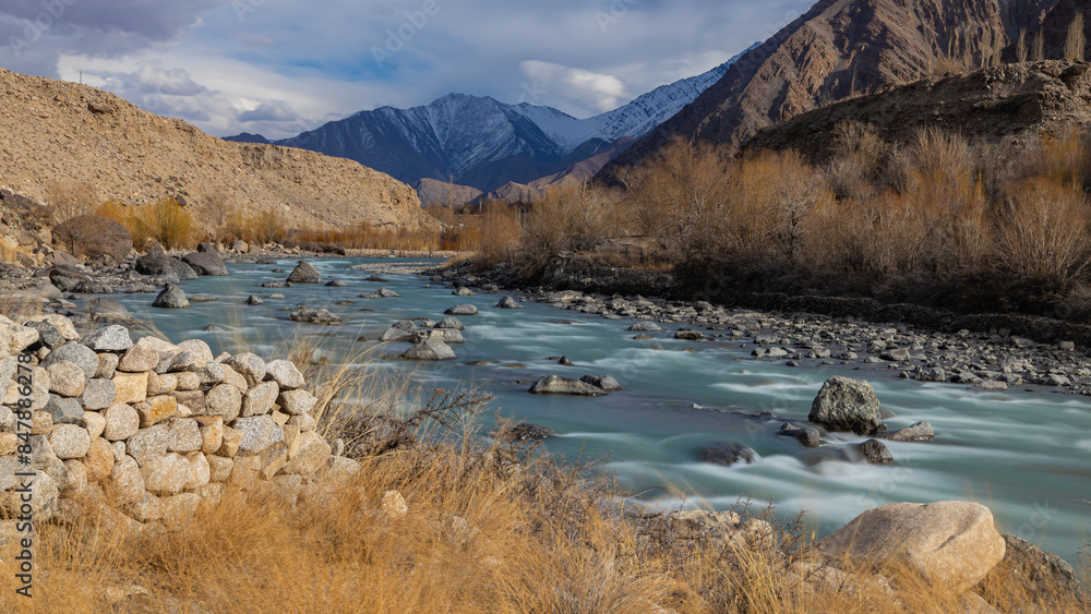 A smooth long exposure landscape of water in Indus River flowing in Leh, Ladakh India. A smooth long exposure landscape of water in Indus River flowing in Leh, Ladakh India.