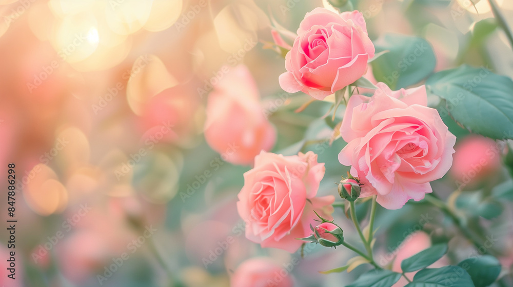 Fototapeta premium Delicate pink roses in pastel peach tones, floral photo close-up background