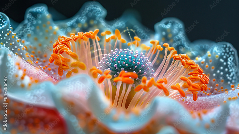 Obraz premium A single, vibrant stamen of a flower explodes outwards, revealing a swirling vortex of pollen grains, each a miniature, colorful planet. 1000x magnification showcases the intricate textures and