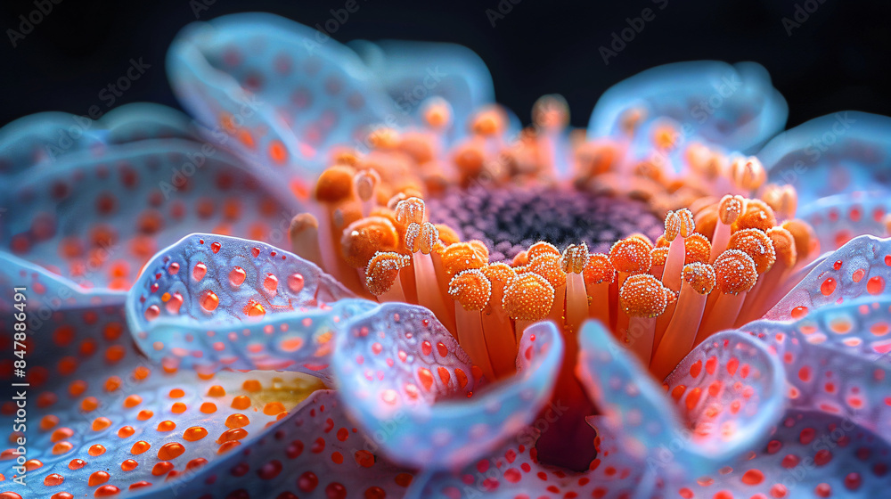 A single, vibrant stamen of a flower explodes outwards, revealing a swirling vortex of pollen grains, each a miniature, colorful planet. 1000x magnification showcases the intricate textures and A single, vibrant stamen of a flower explodes outwards, revealing a swirling vortex of pollen grains, each a miniature, colorful planet. 1000x magnification showcases the intricate textures and
