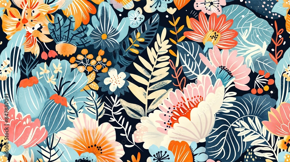 A seamless pattern showcasing a variety of colorful flowers and leaves against a dark background A seamless pattern showcasing a variety of colorful flowers and leaves against a dark background