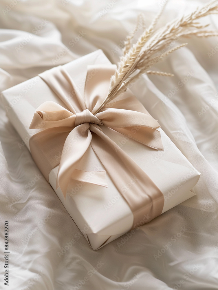 Elegant white wrapped gift huge beige ribbon bow dried flowers minimalistic background boho lux bridal present wrapping neutral tones chic rustic farmhouse style cozy feminine beautiful wrapped paper Elegant white wrapped gift huge beige ribbon bow dried flowers minimalistic background boho lux bridal present wrapping neutral tones chic rustic farmhouse style cozy feminine beautiful wrapped paper