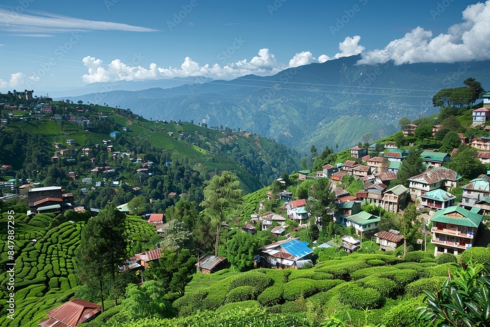 Fototapeta premium tea estate aerial view among green hills on sunny day