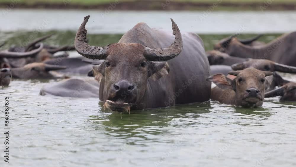 Water buffalo grazing peacefully in the river amidst lush greenery and wildlife Water buffalo grazing peacefully in the river amidst lush greenery and wildlife